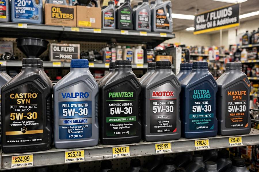 Synthetic oil options on a store shelf, relevant to how often should you change your oil with modern oils