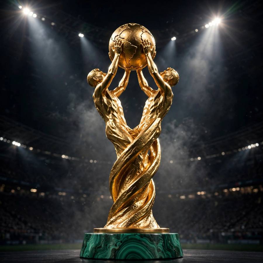 Modern World Cup trophy gleaming under stadium lights