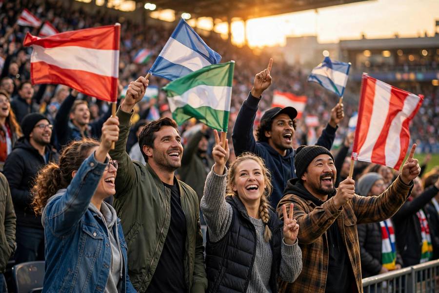 Fans counting down with flags ahead of a World Cup opening match