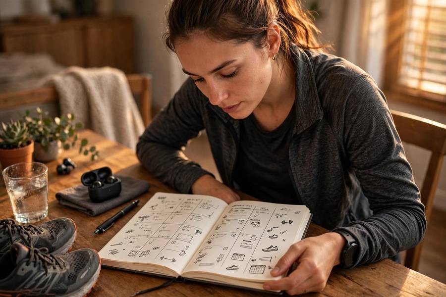 Runner checking a weekly training schedule with lifting days marked