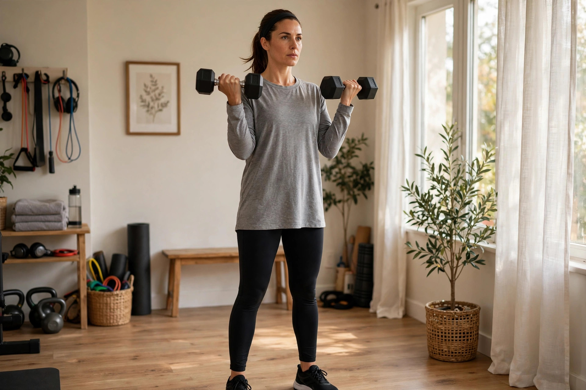 Athlete lifting dumbbells in a home gym setup