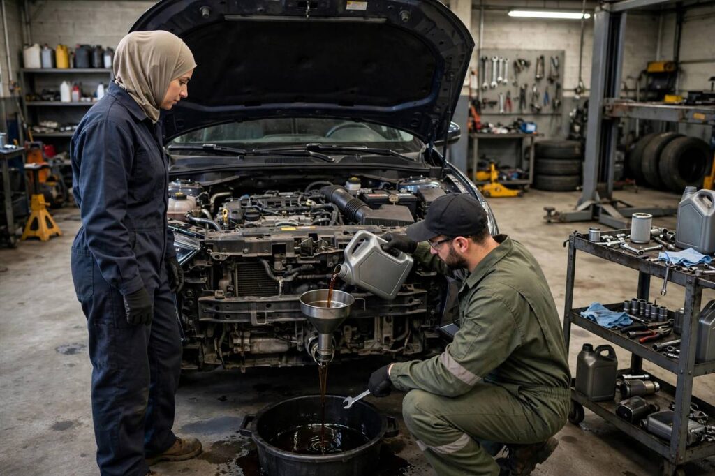 Car engine bay with the hood open in an auto repair shop, oil change service in progress