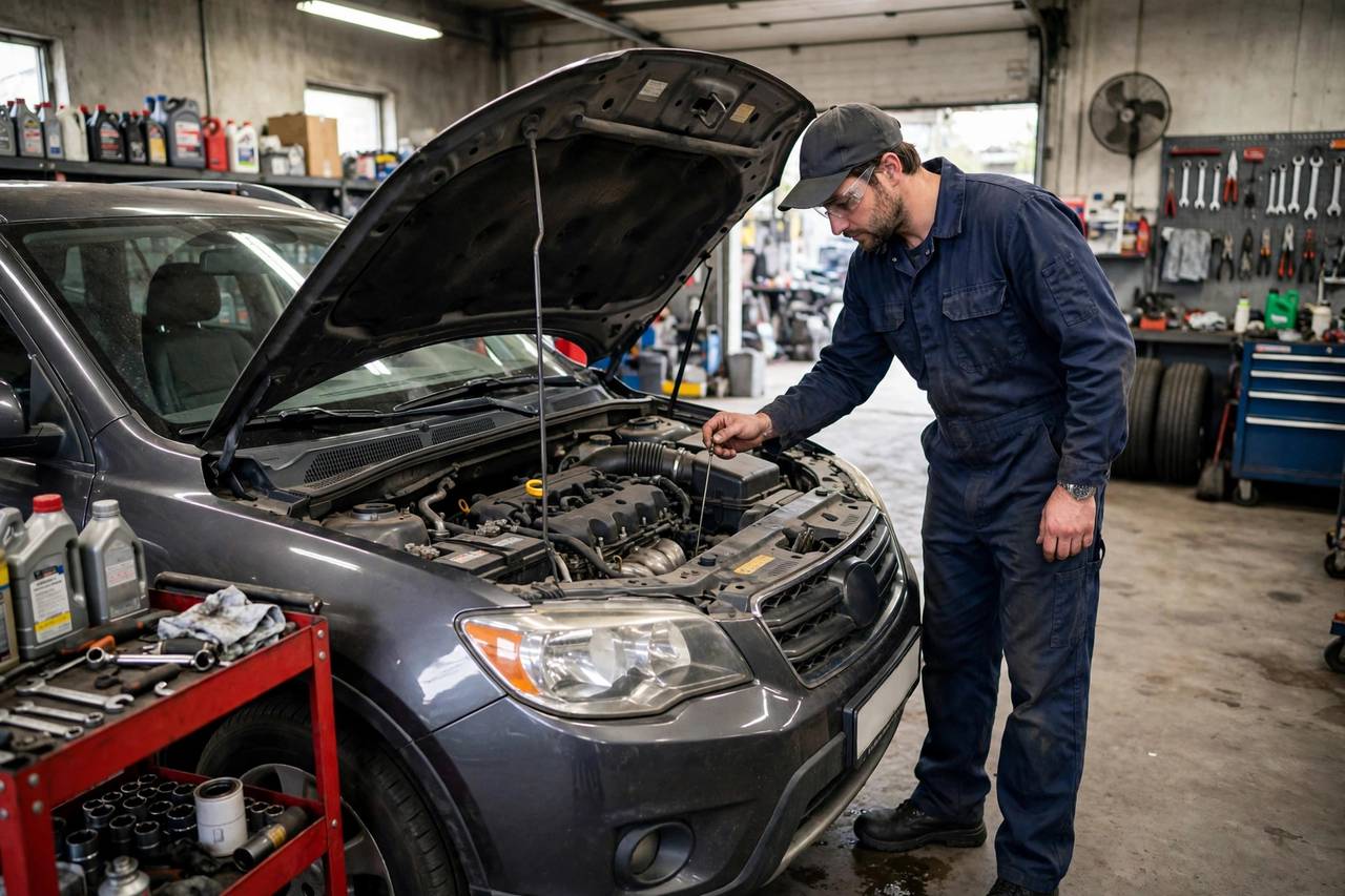 Mechanic checking engine oil level with a dipstick in a car repair shop
