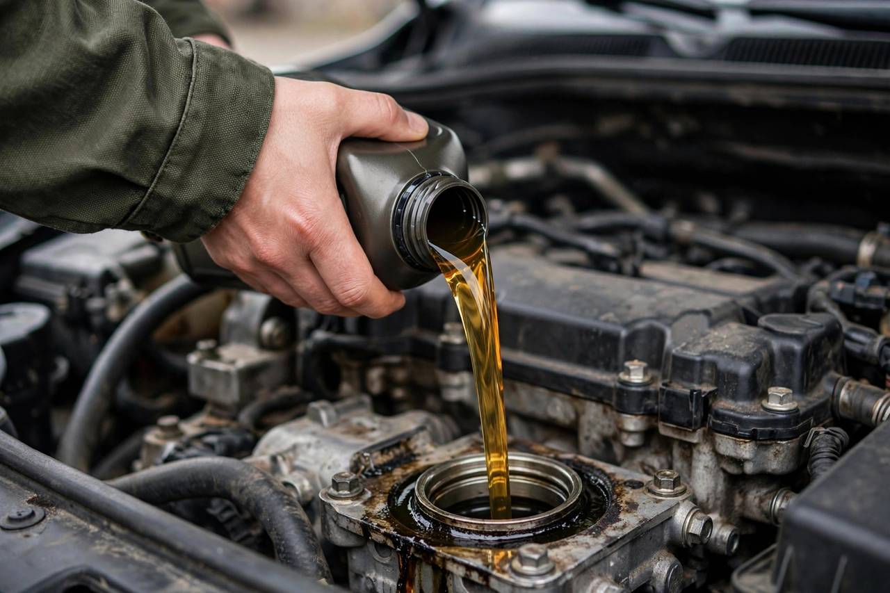 Close-up of fresh amber motor oil being poured into a car engine during an oil change
