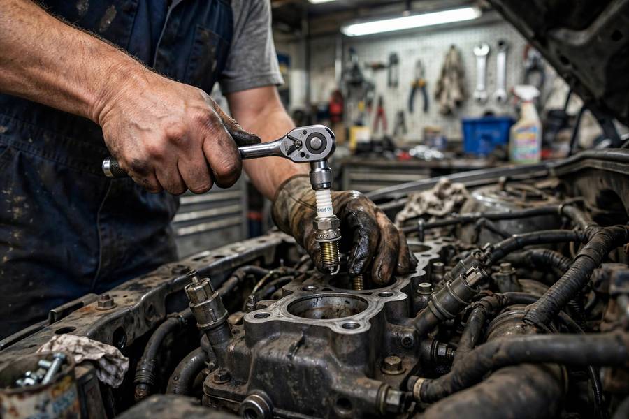 Mechanic removing a spark plug, illustrating how often should you change spark plugs