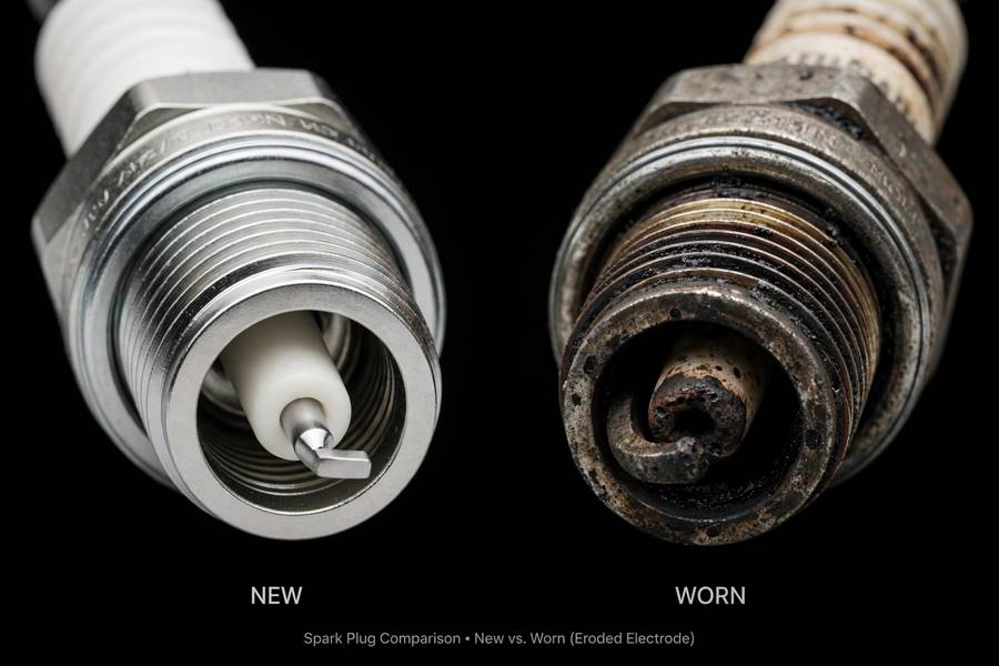 New versus worn spark plug electrodes showing why replacement intervals matter