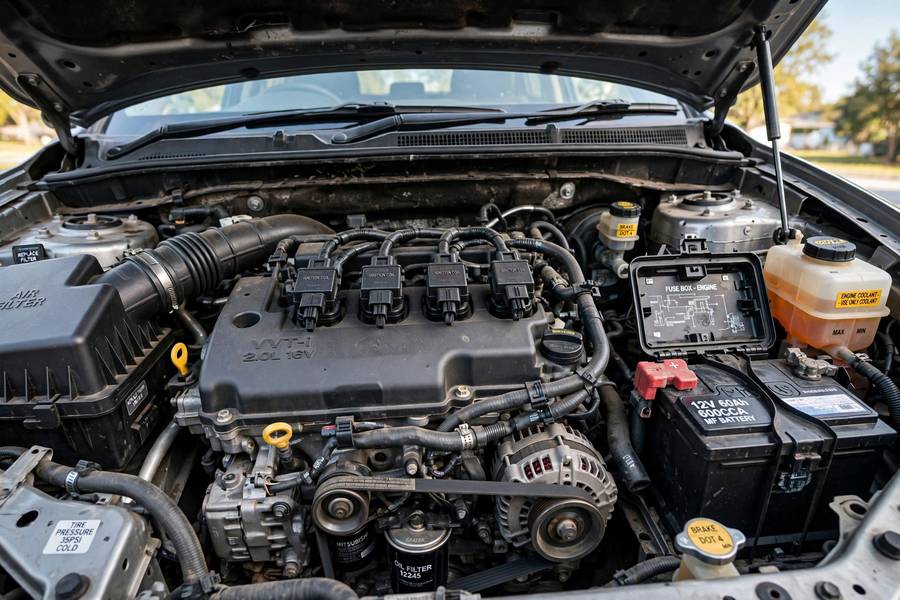 Engine bay with coil-on-plug ignition system where spark plugs live