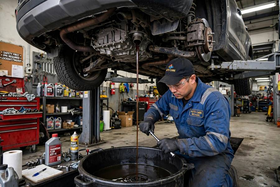 Mechanic performing a transmission fluid change under a car on a lift