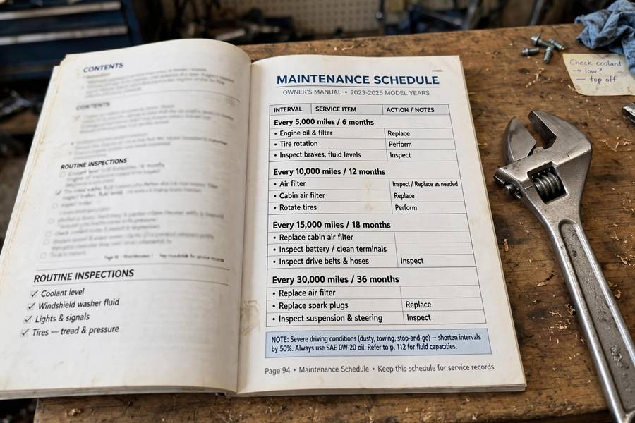 Open owner's manual maintenance schedule page beside a wrench