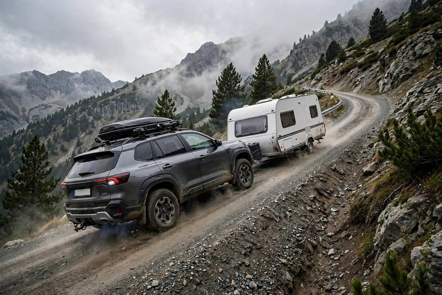 SUV towing a trailer on a mountain road, severe driving conditions