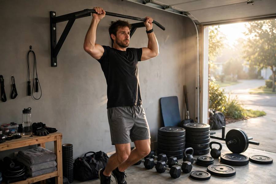 Man doing morning pull-ups on a bar mounted in his garage gym