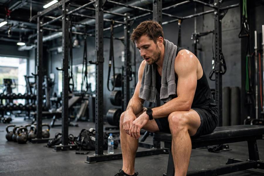 Athlete resting between pull-up sets sitting by the rig with a towel