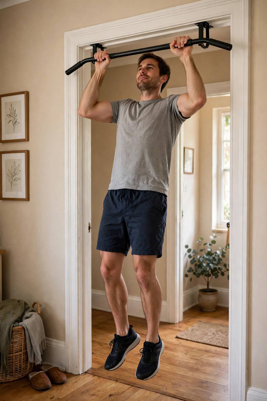 Man doing a single submaximal pull-up rep on a doorway bar at home