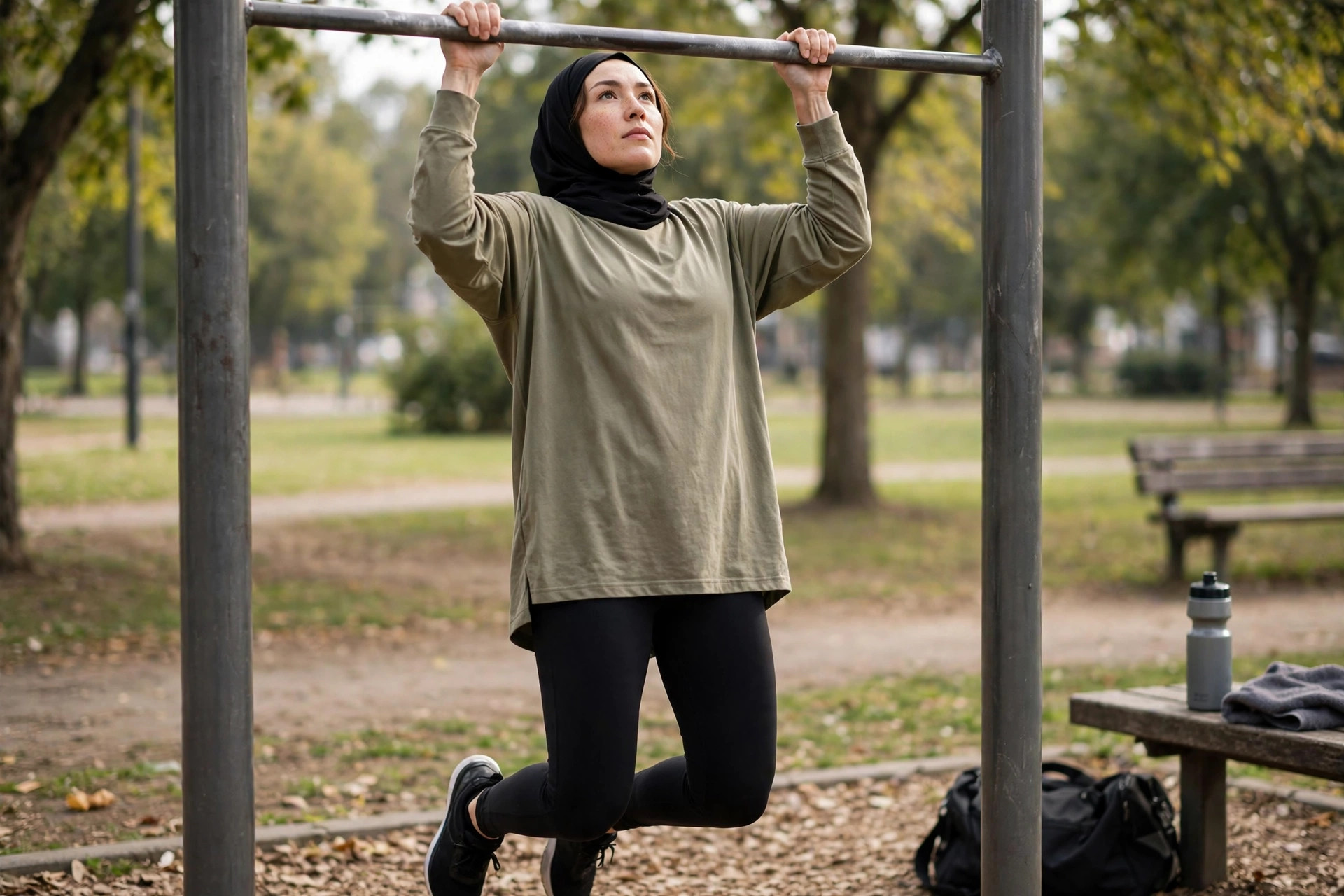 Woman doing pull-ups on an outdoor park bar on a rest-day session