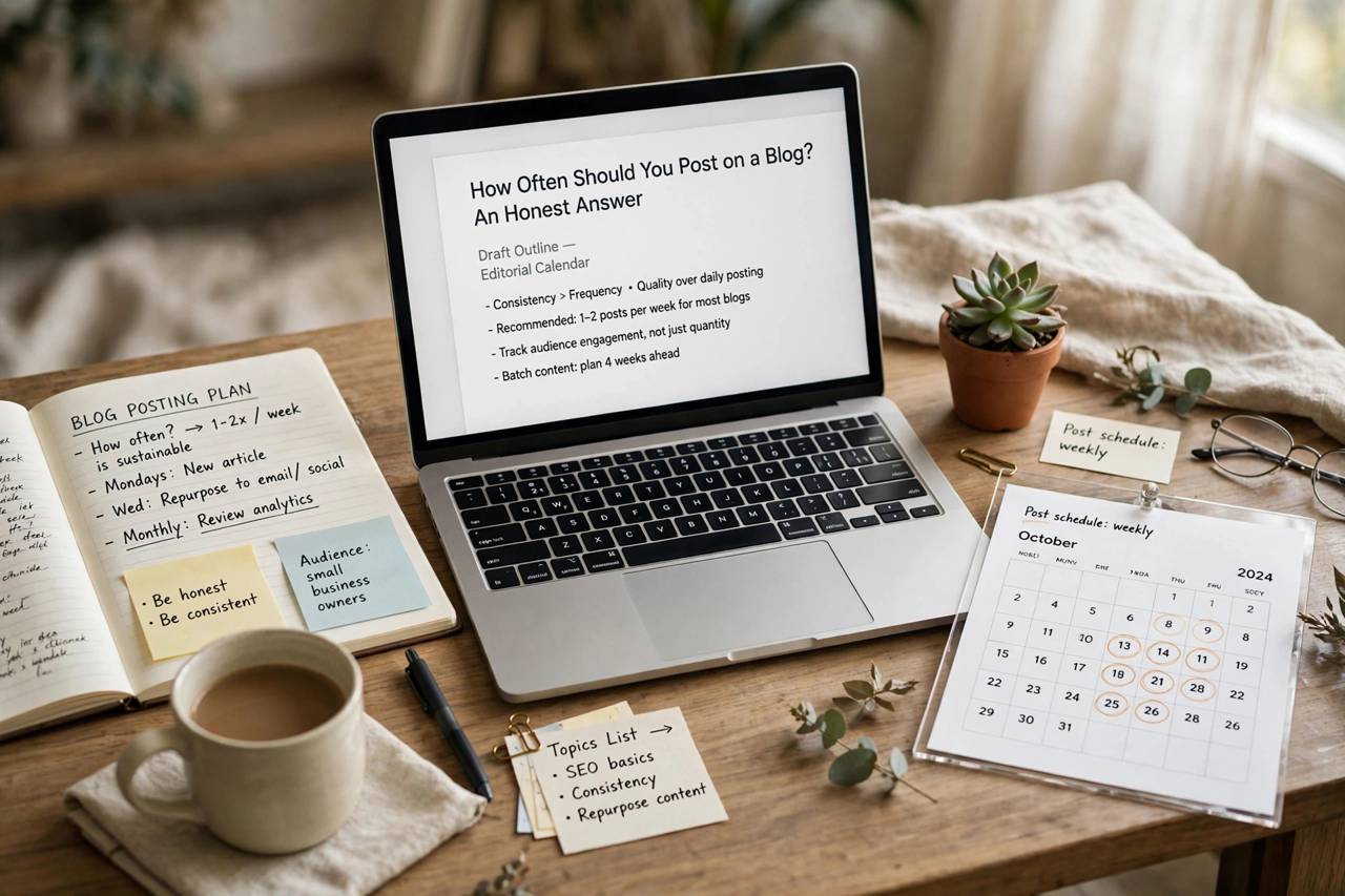 Writer at a desk with a notebook and laptop planning blog posts