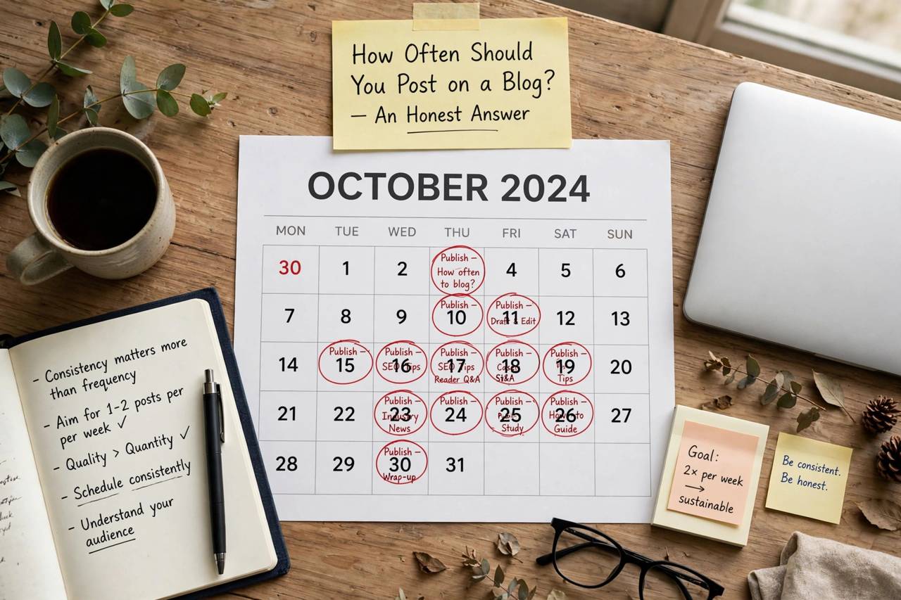 Calendar with scheduled blog publishing dates marked in red