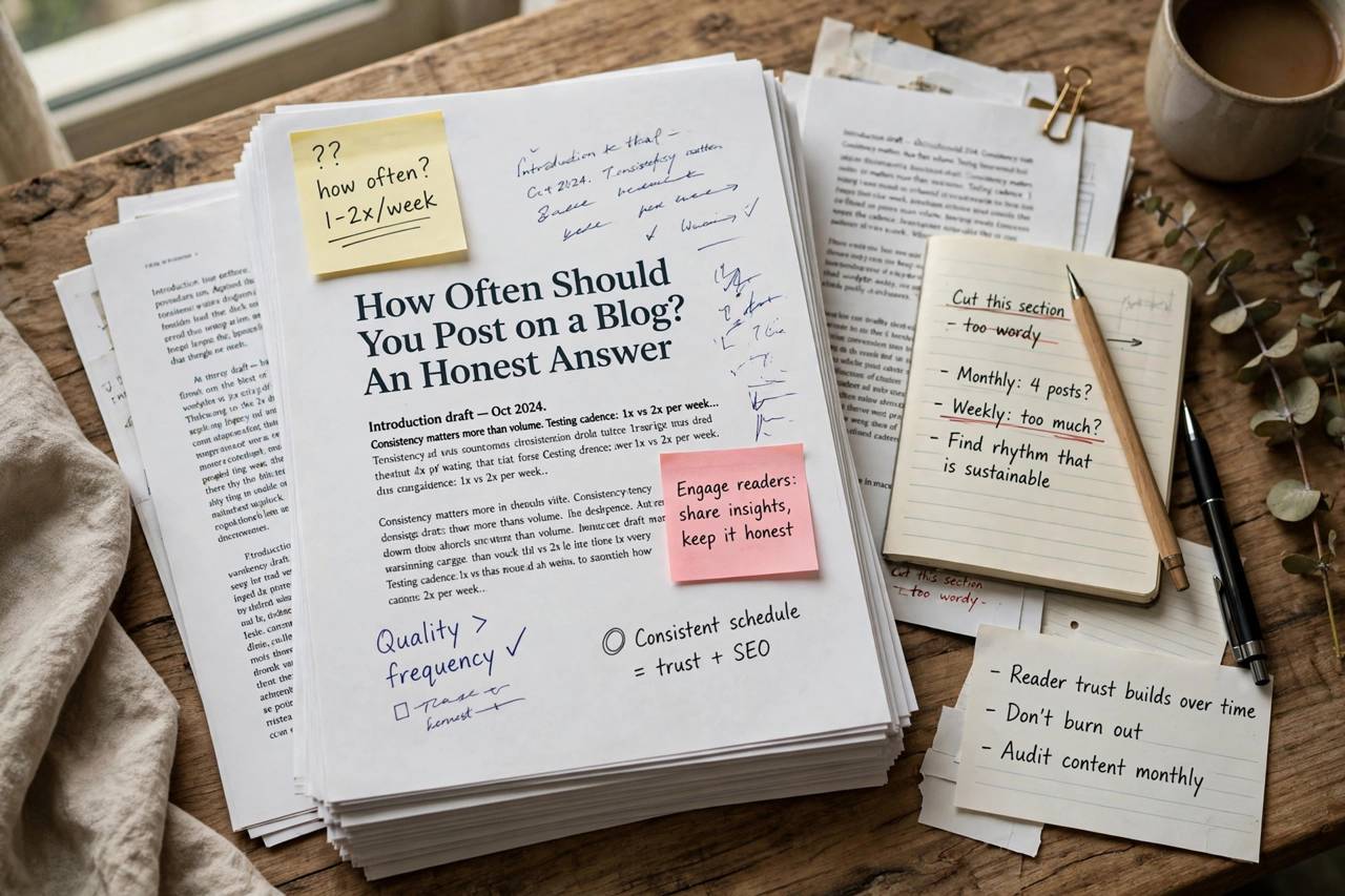 Stack of printed blog drafts with handwritten editing notes