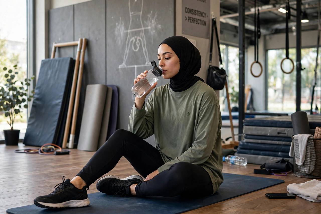 Athlete resting between handstand practice sets in a gym