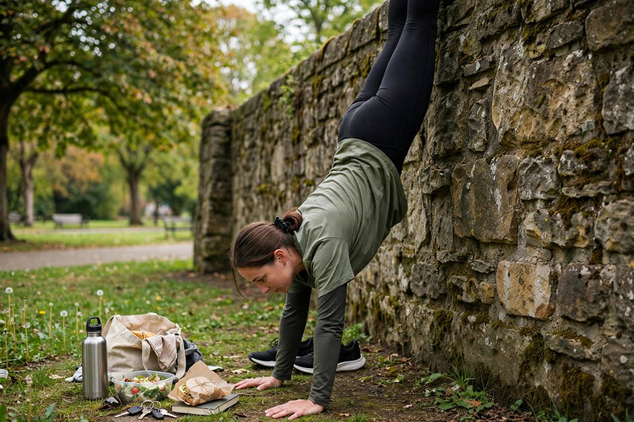 Woman practicing handstands outdoors during a lunch break