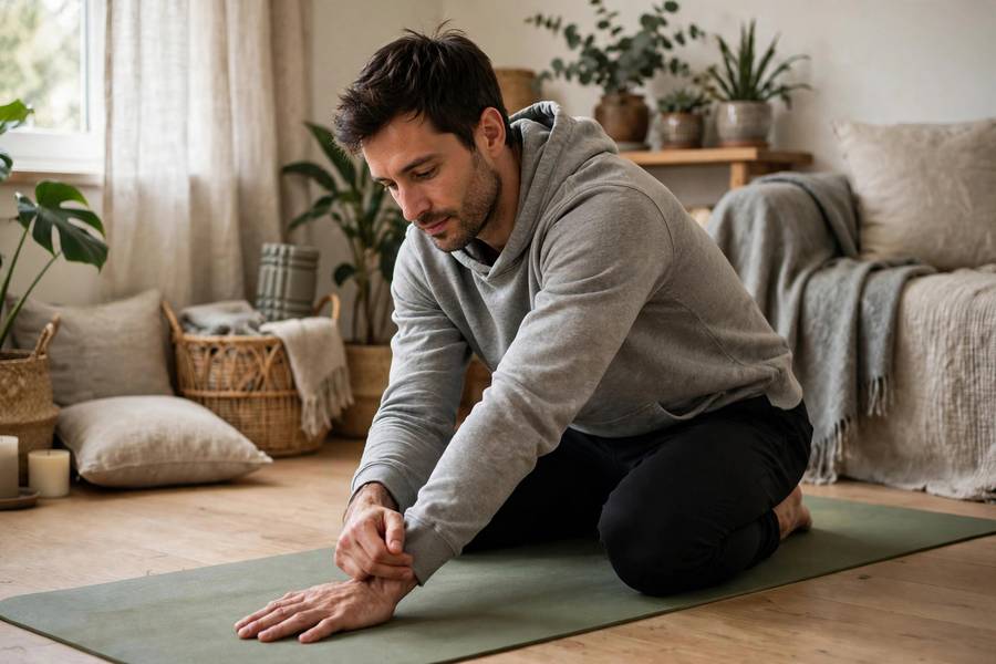 Man doing wrist stretches during a handstand rest day routine