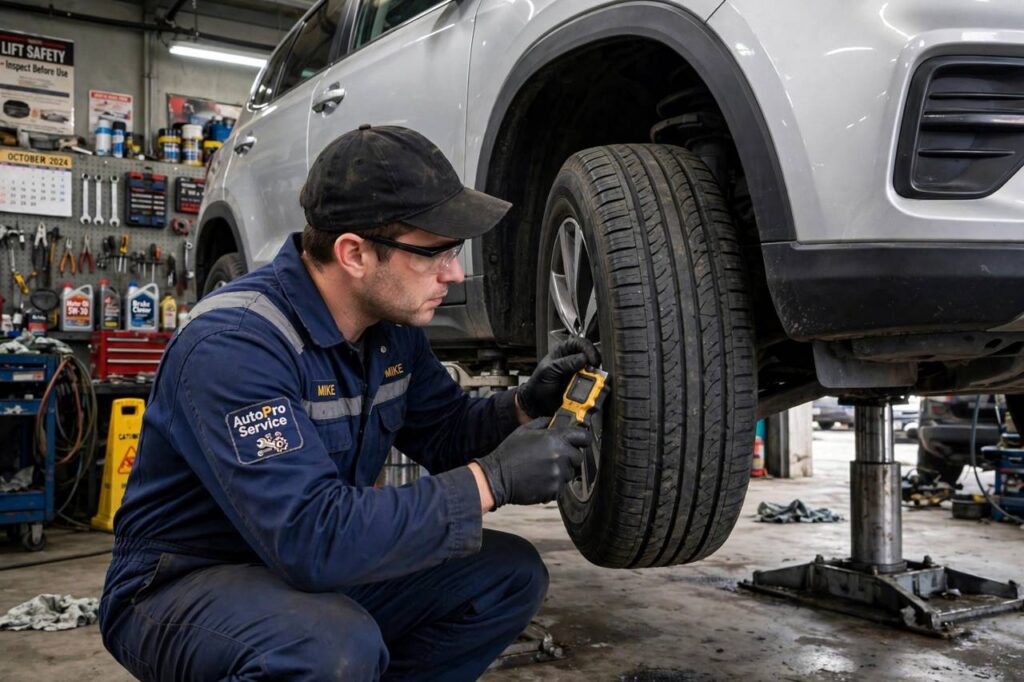 Mechanic inspecting tire tread wear on a car lifted in a garage