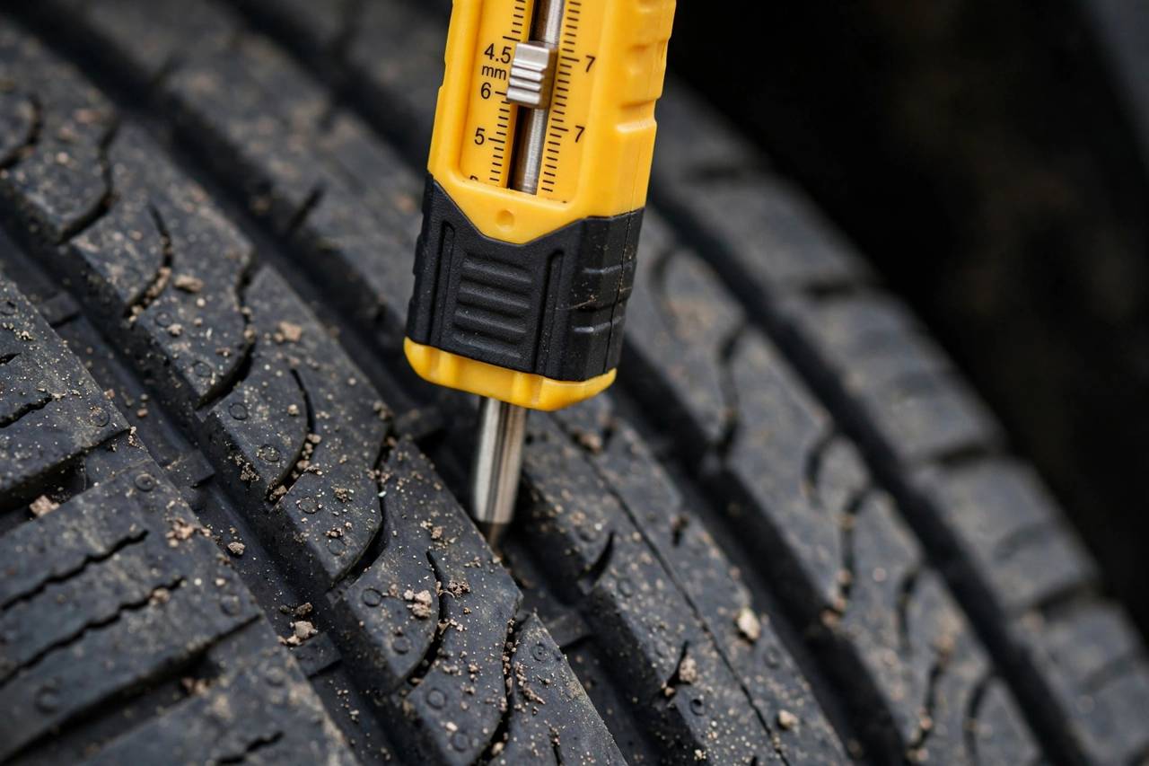 Close-up of a tire tread depth gauge measuring remaining tread