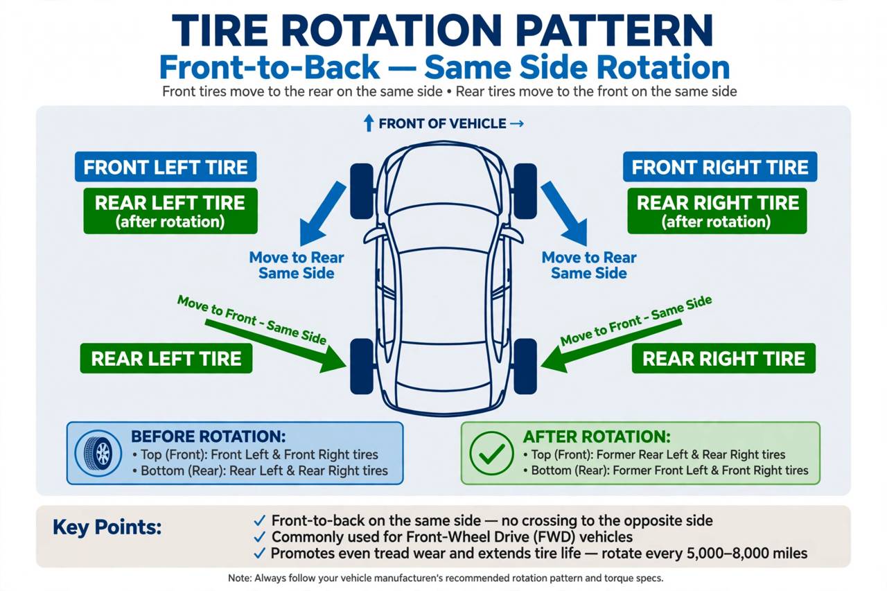 Diagram showing front-to-back tire rotation pattern on a car