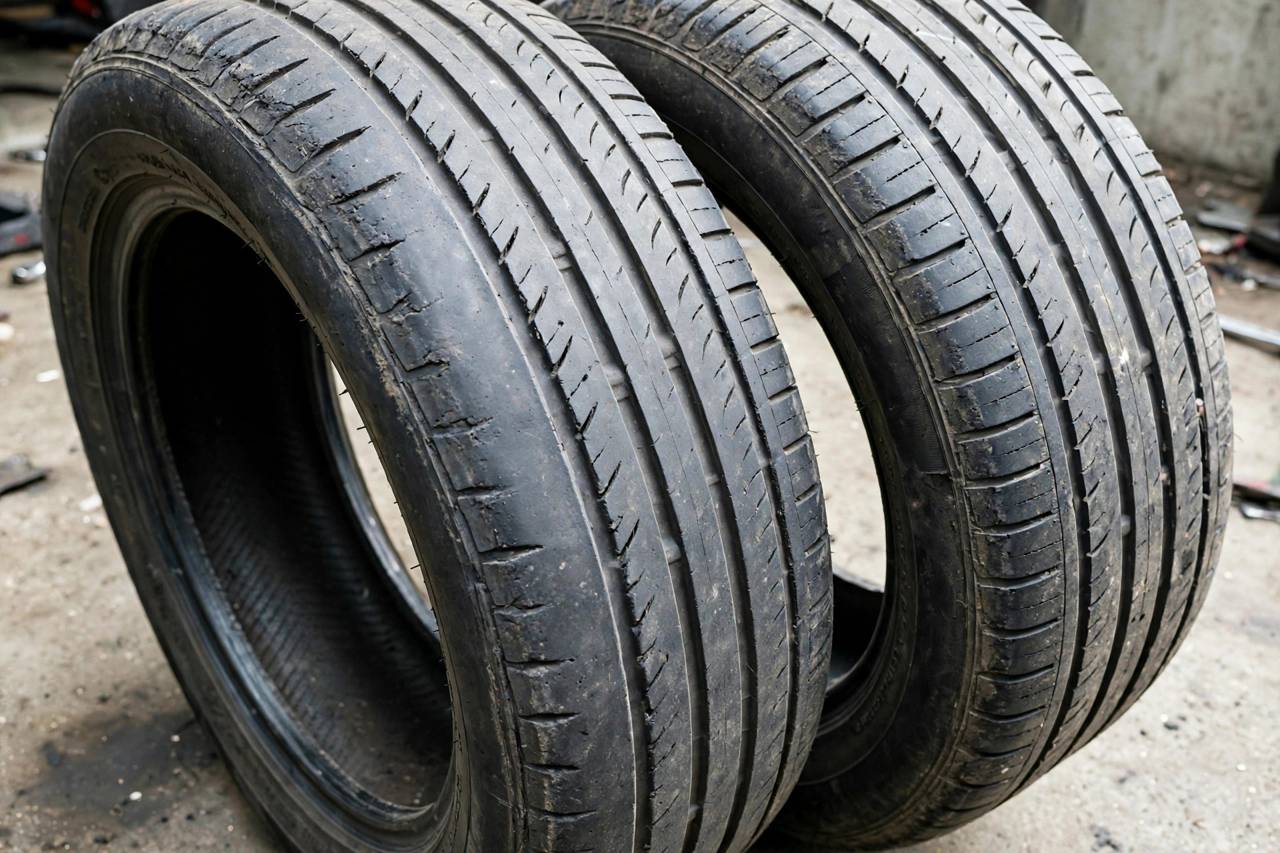 Car tires with visible uneven wear on the outer edges