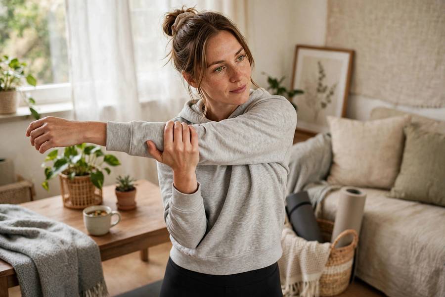 Woman recovering with stretching after arm day