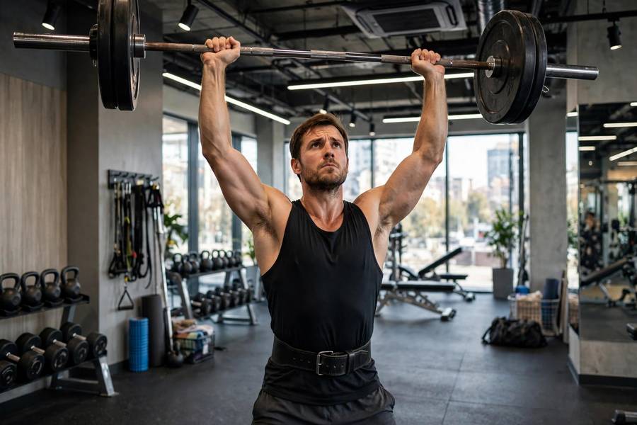 Man doing overhead press during a shoulder workout in a gym