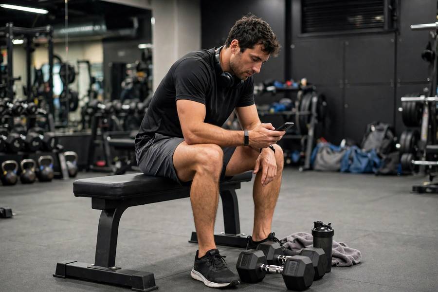 Athlete resting between sets and checking a workout log