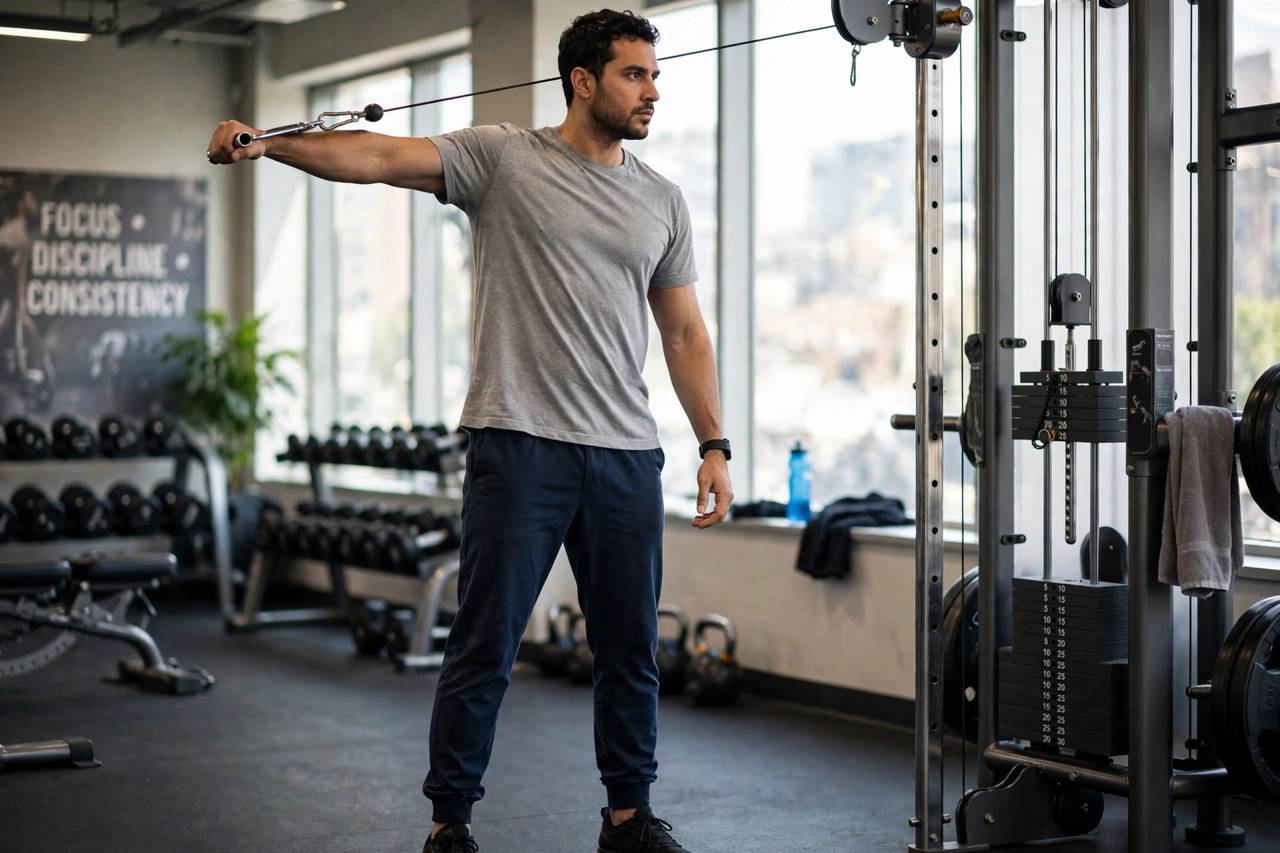 Close-up of shoulder muscles during a cable lateral raise