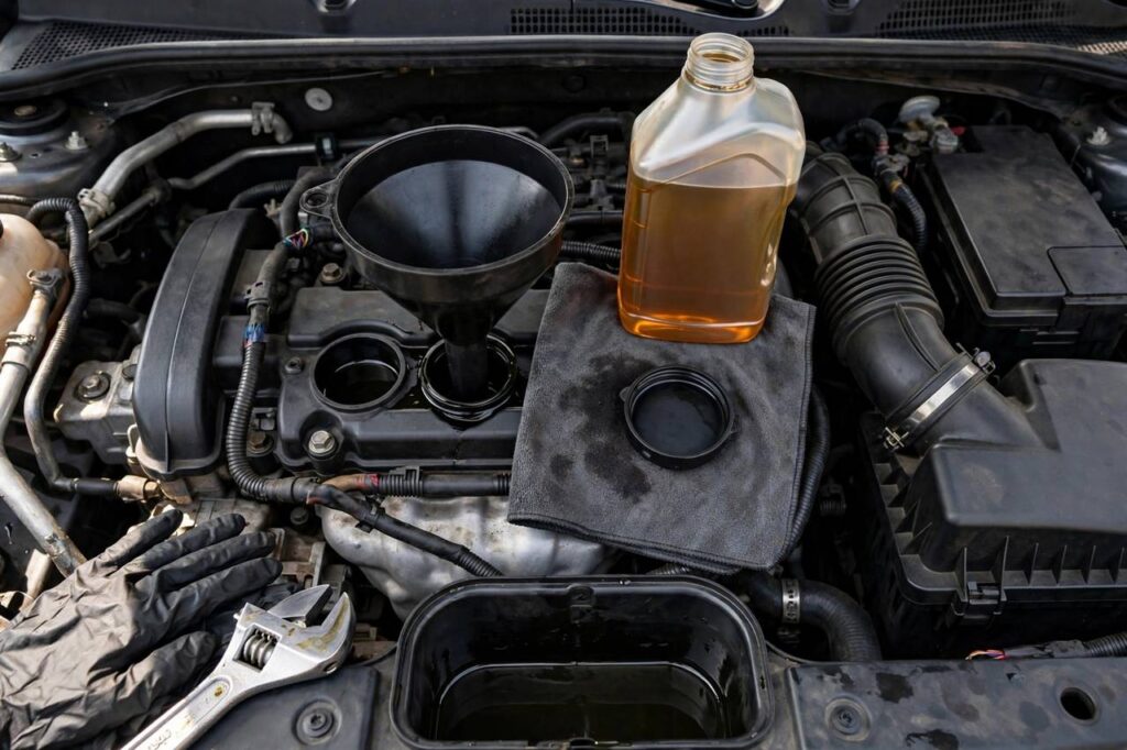 Car engine with oil cap open during an oil change