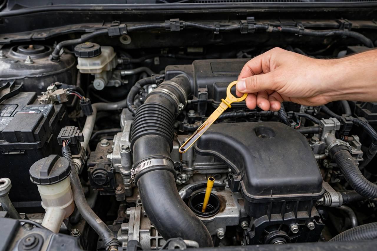 Car engine bay with oil dipstick being checked