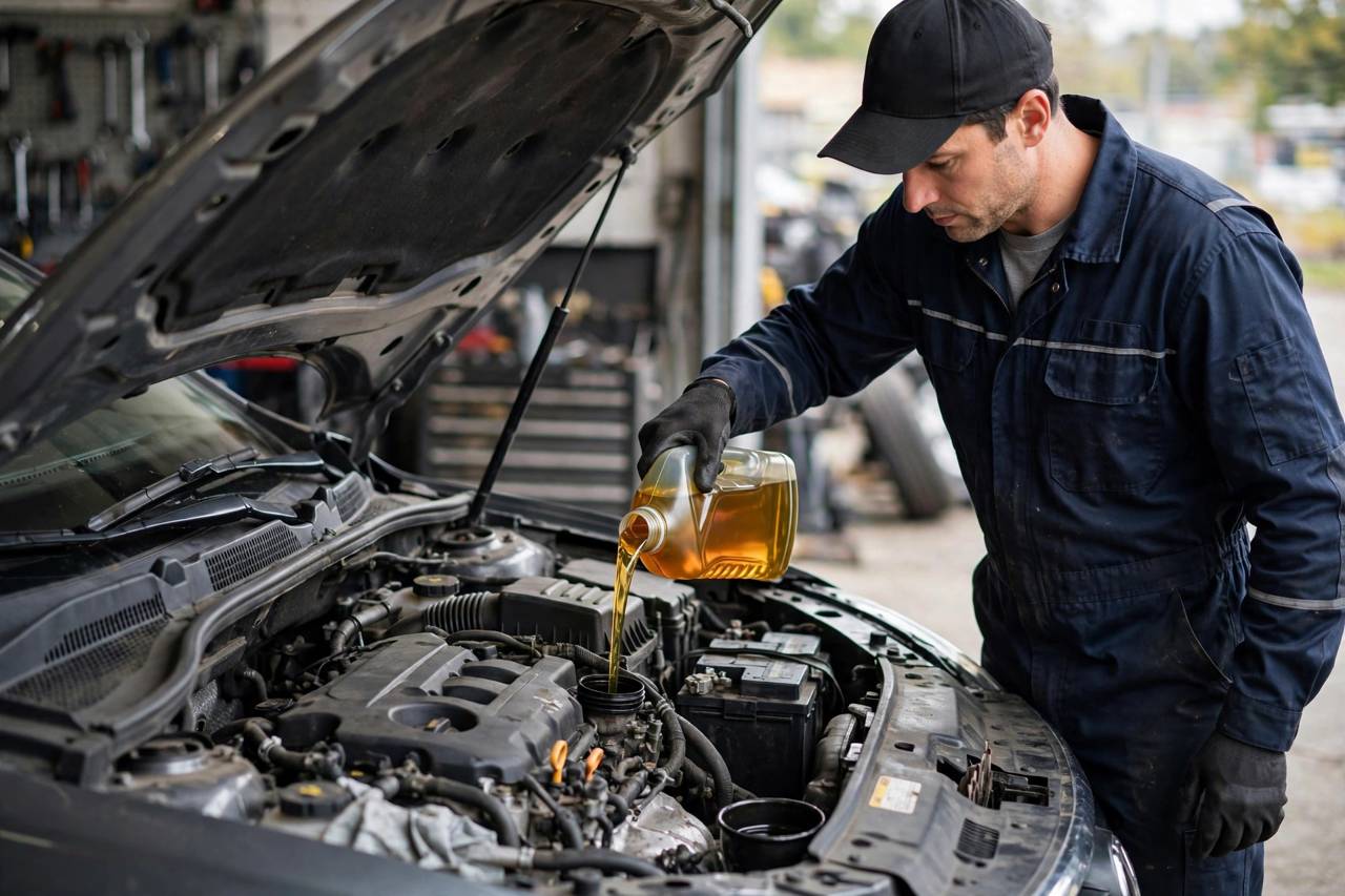 Mechanic pouring fresh engine oil into a car