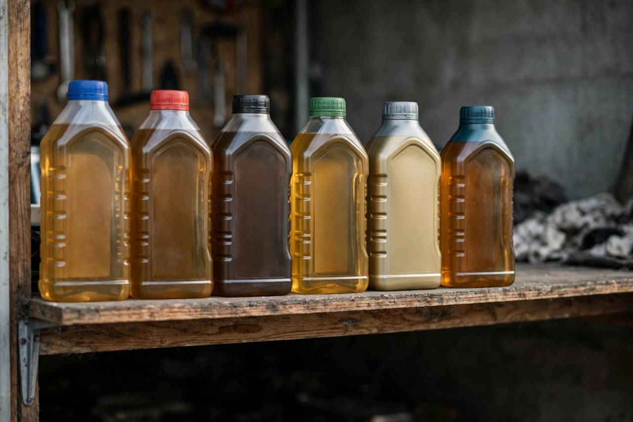 Bottles of different motor oil grades on a shelf