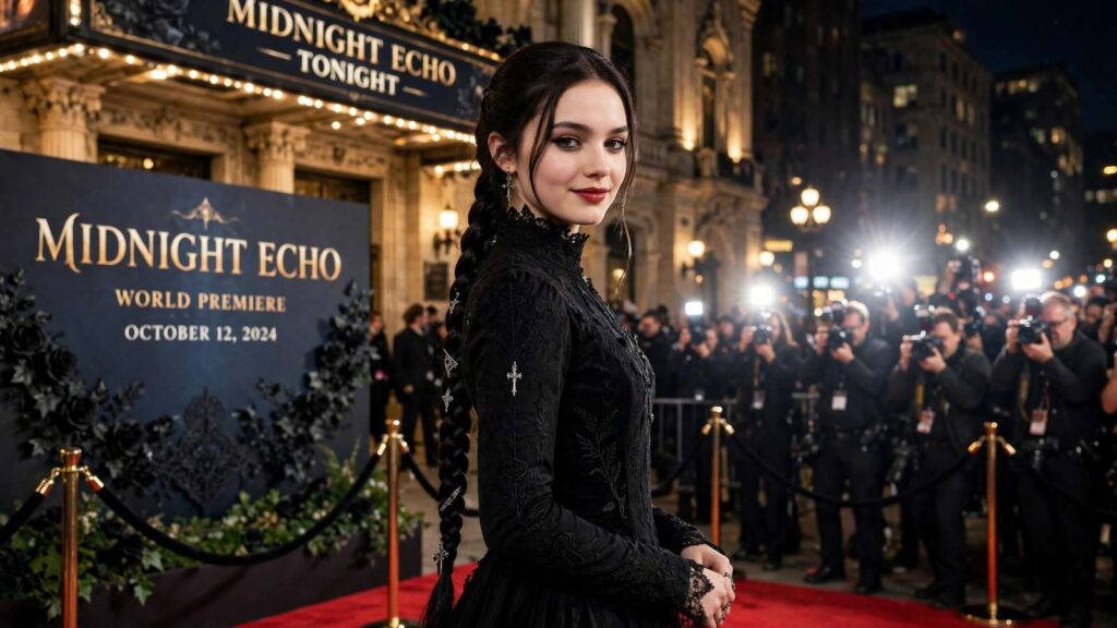 Young actress with dark braided hair in a gothic black dress at a premiere