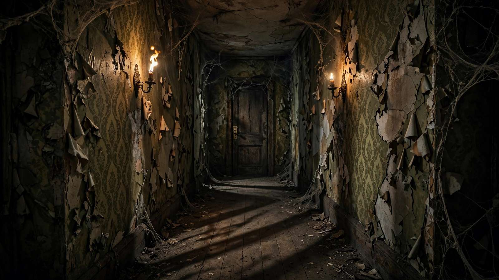 Dark moody hallway with vintage horror movie atmosphere and shadows