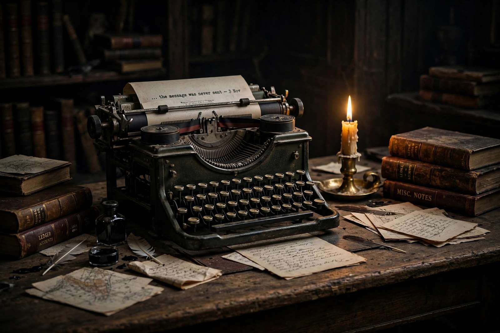 Vintage typewriter on a desk in a dark moody study with candlelight