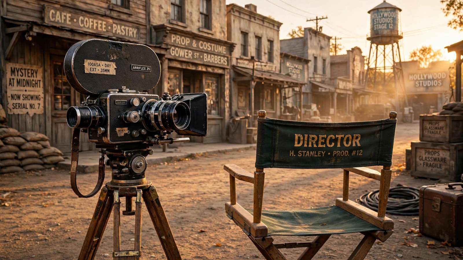 Vintage film camera and director's chair on a classic Hollywood set