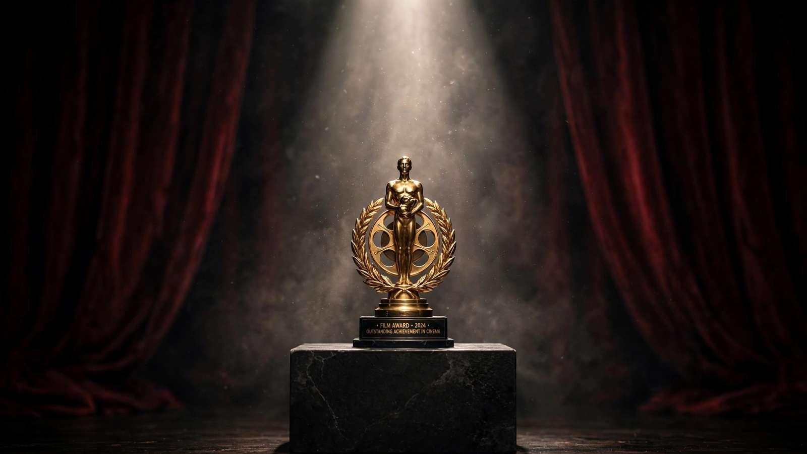 Golden film award trophy on a pedestal with dramatic spotlight