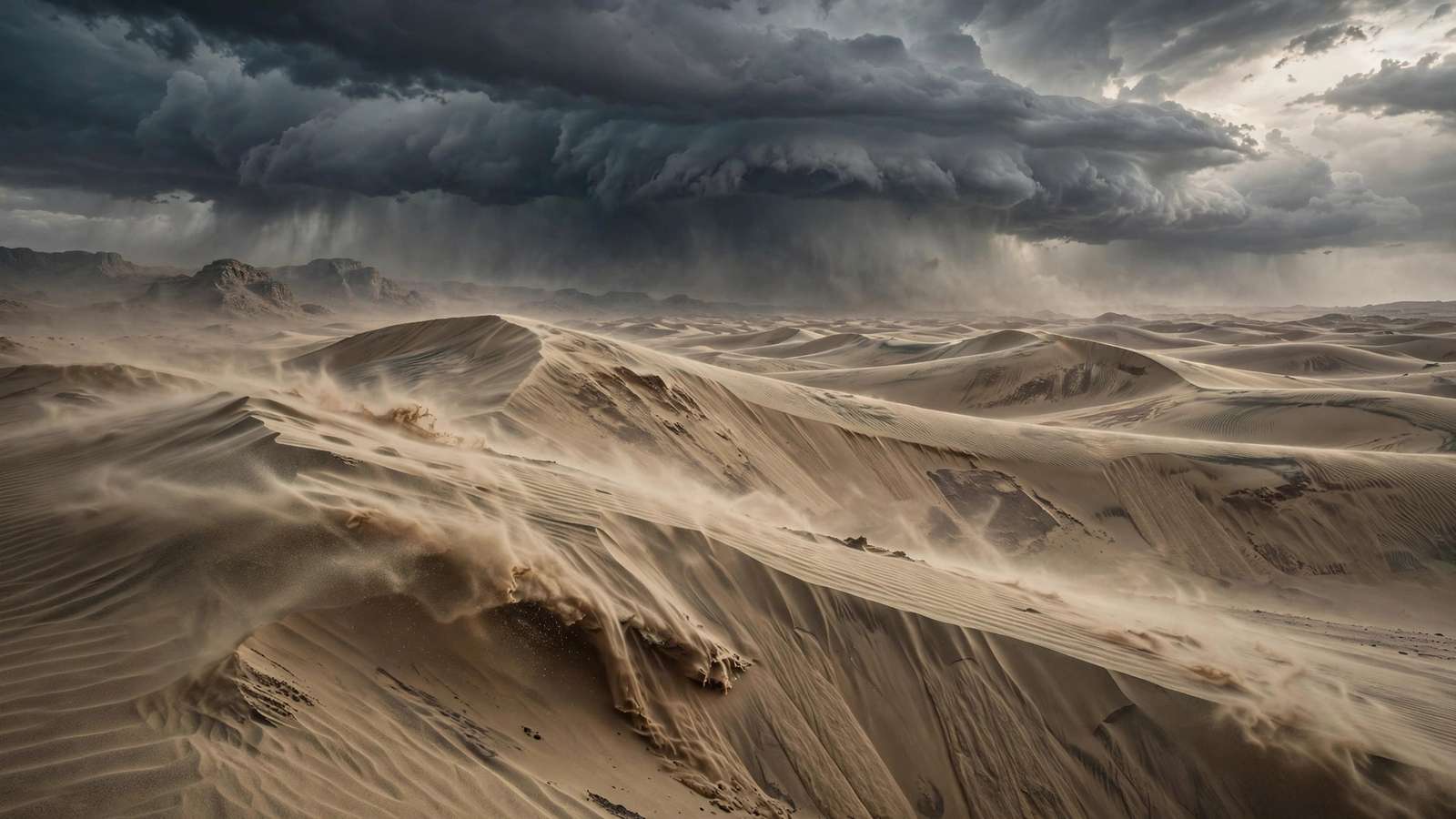Desert dunes under a dramatic sky evoking epic science fiction films