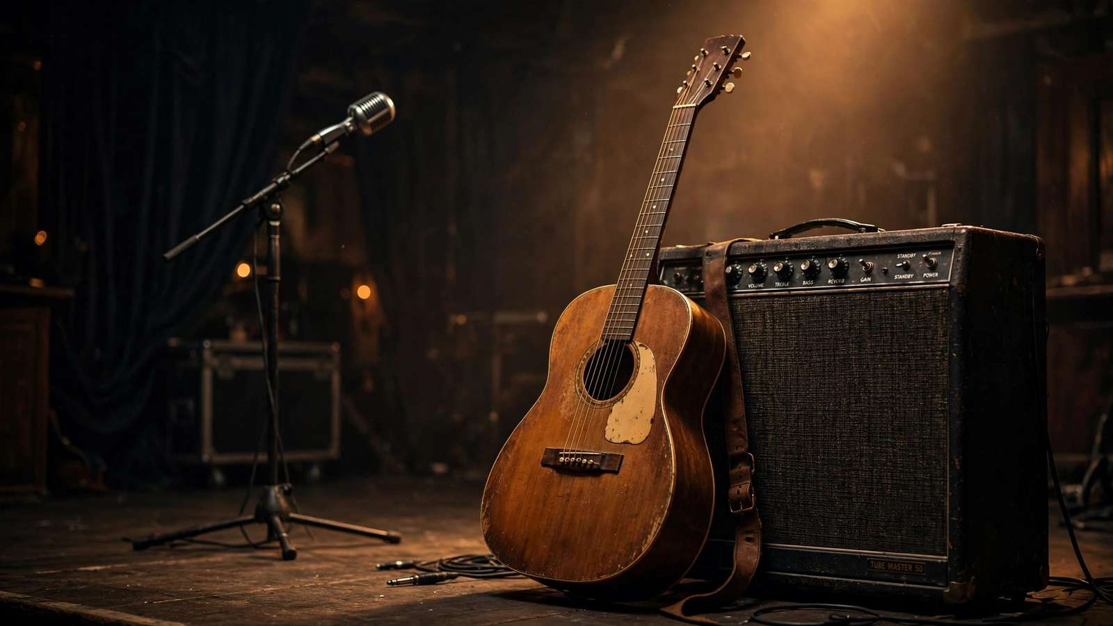 Vintage acoustic guitar leaning against an amplifier on a dim stage