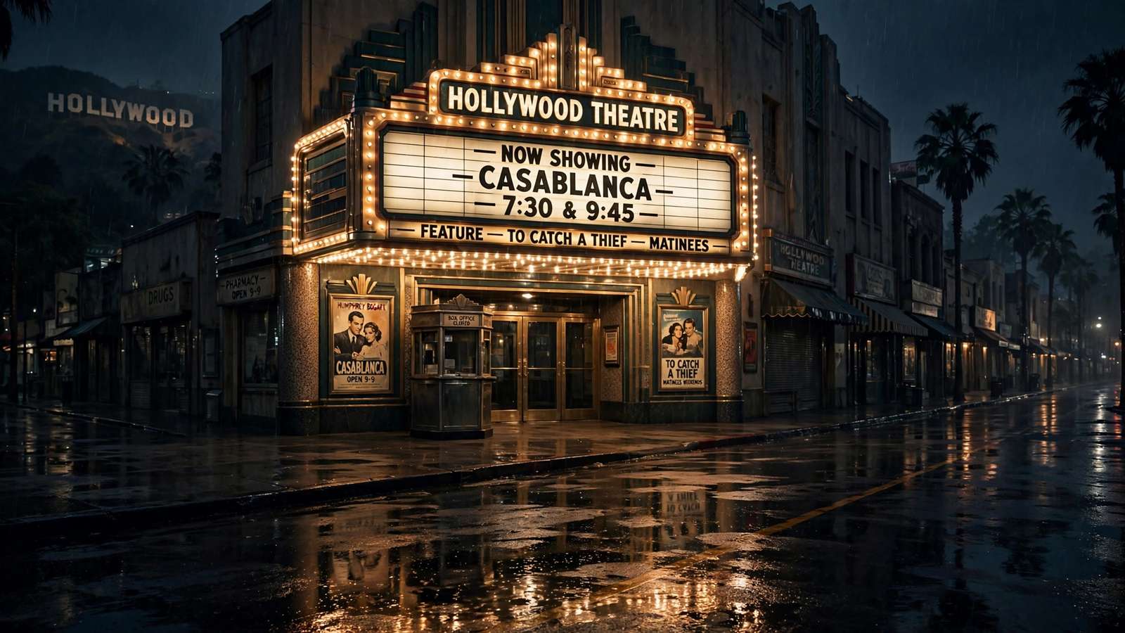 Movie theater marquee lights glowing at night outside a cinema