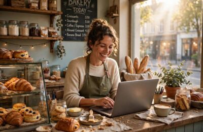 Small business owner learning how small businesses can start with AI on a laptop