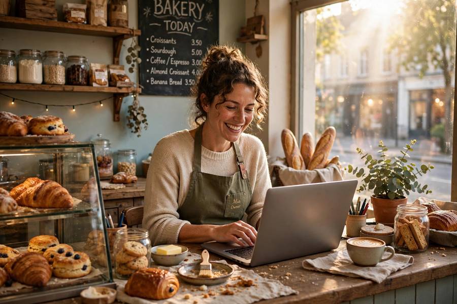 Small business owner learning how small businesses can start with AI on a laptop