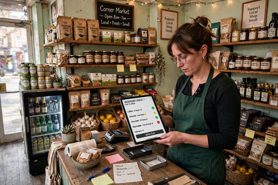 Small retailer using AI tools for inventory, part of how small businesses can start with AI