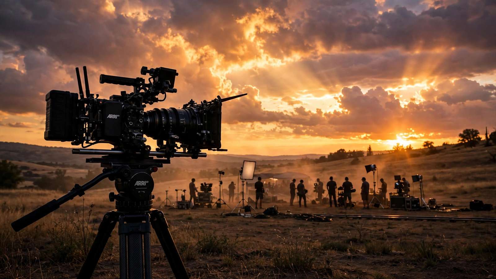 Film camera on a tripod silhouetted against a sunset on a movie set