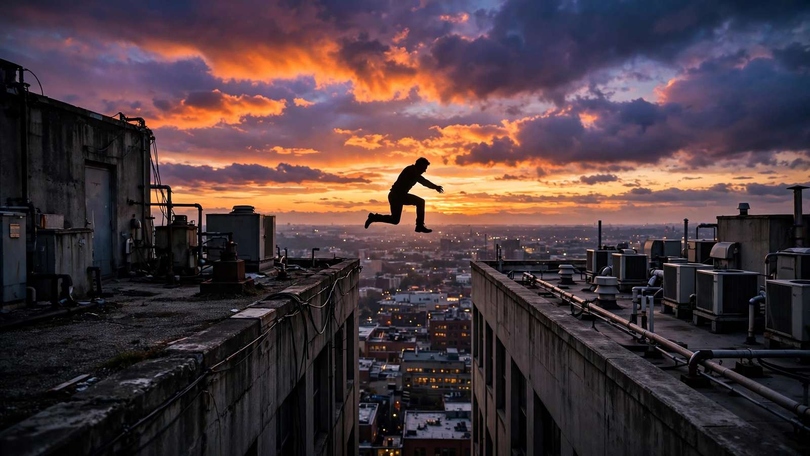 Stunt performer silhouette leaping between rooftops at dusk