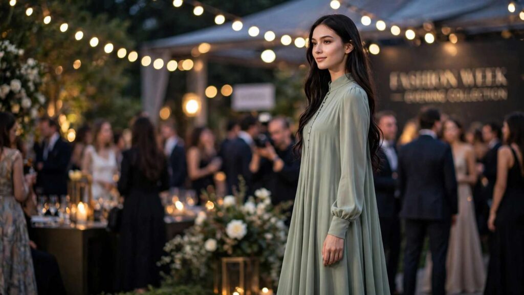 Tall elegant woman in a flowing gown posing at a fashion event